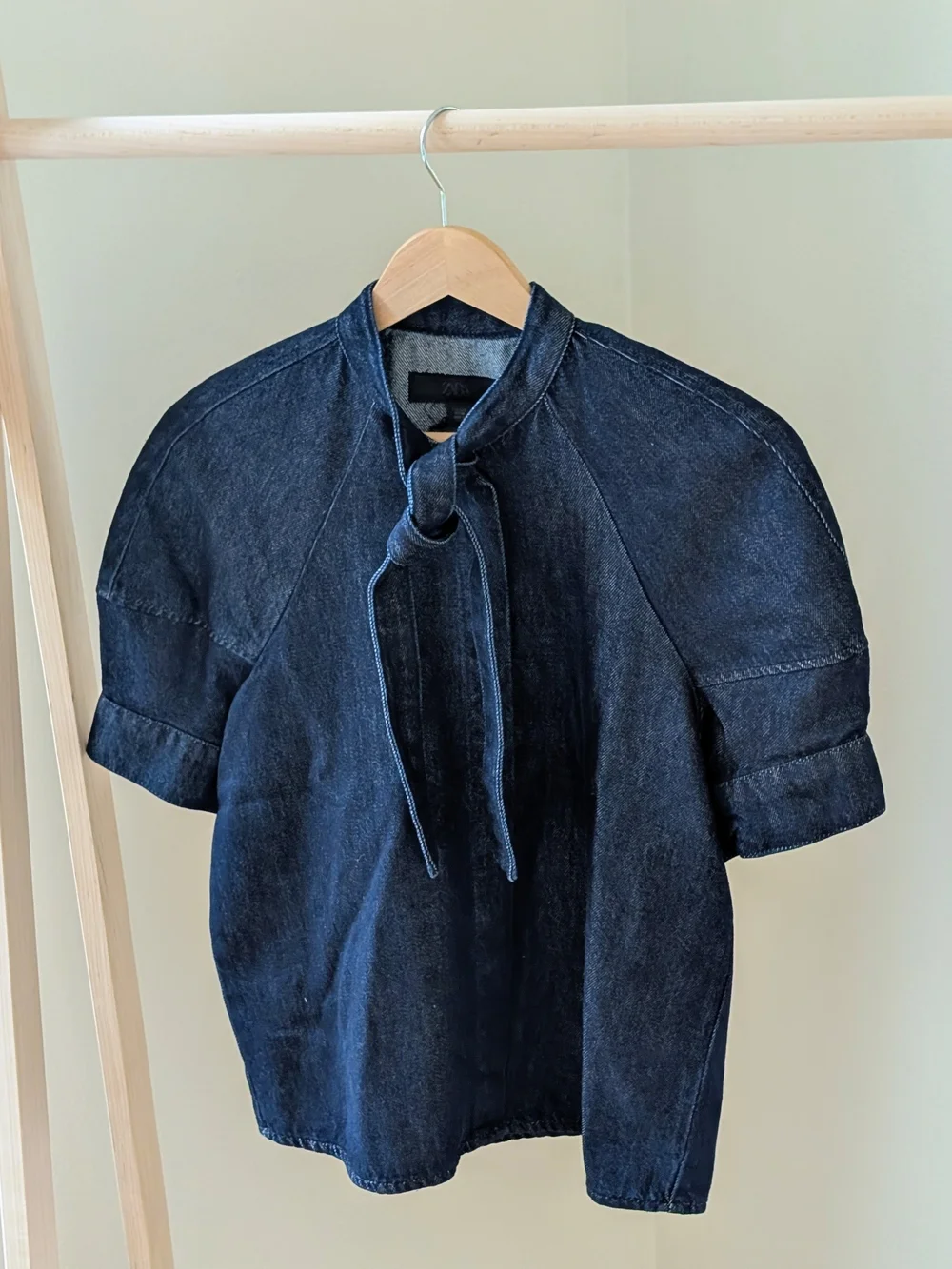 NWT Zara Denim Tie-Neck Short Sleeve Top In Dark Blue - S - Picture 2 of 5